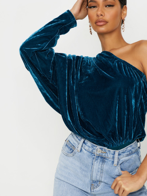 Blue Velvet Draped One Shoulder Bodysuit