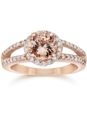 Pompeii3 1.65ct Morganite & Diamond Split Shank Halo Ring 14k Rose Gold