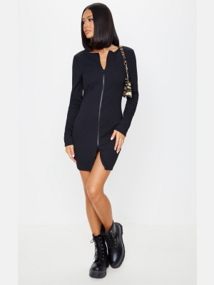 Black Jumbo Rib Double Zip Bodycon Dress