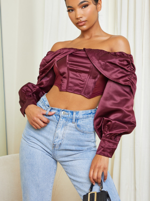 Burgundy Satin Drape Detail Bardot Long Sleeve...