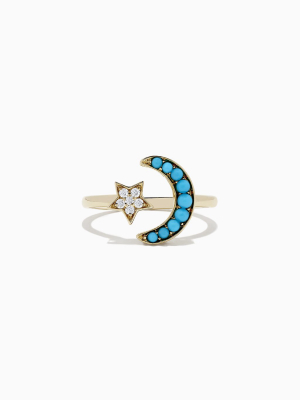 Effy 14k Yellow Gold Turquoise And Diamond Moon And Star Ring, 0.32 Tcw