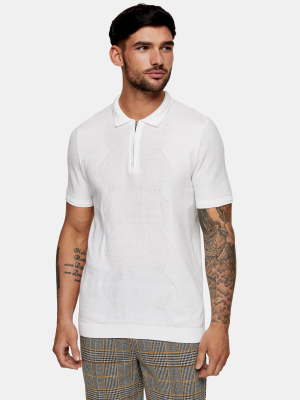 White Diamond Zip Knitted Polo Shirt