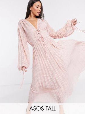 Asos Design Tall Pleated Midi Dress With Drawstring Waist And Balloon Sleeves In Chevron Dobby In Pink