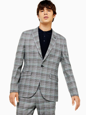 Gray And Purple Check Skinny Fit Single Breasted Blazer With Peak Lapels