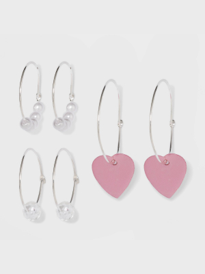Pearl And Heart Hoop Earring Set 3pc - Wild Fable™