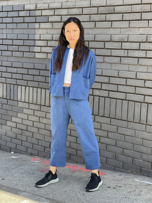 Porcelain Dropped Sleeve Denim Zipper Jacket - Light Blue