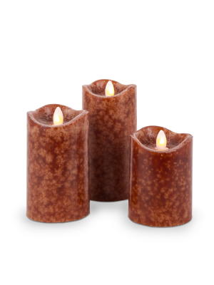 Everlasting Glow Set Of Three 3 Brown Led Pillar Candles With Aurora® Flame And Remote Control.