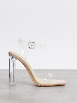 Public Desire Tribute Square Toe Clear Heeled Sandals In Beige