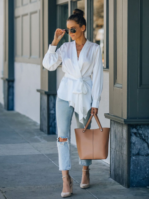 Motivation Satin Drape Wrap Blouse - White - Final Sale