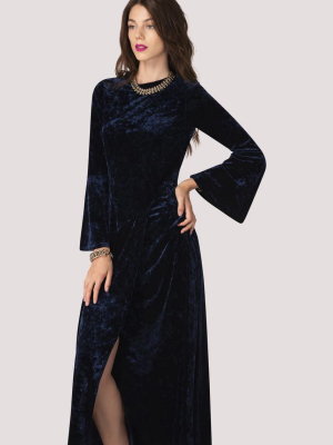 Crushed Velvet Navy Asymmetric A-line Dress