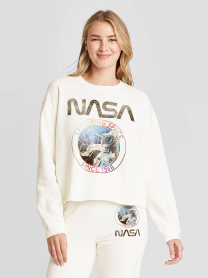 Women's Nasa Cropped Graphic Sweatshirt - Cream