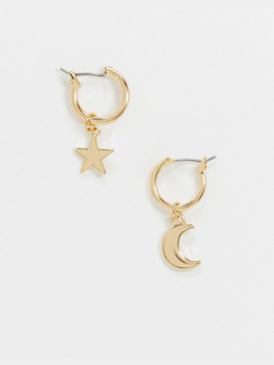 Asos Design Hoop Earrings With Moon And Star Charm In Gold Tone