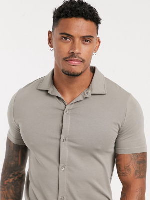 Asos Design Organic Muscle Fit Jersey Shirt In Beige