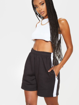 Black Sweat Longline Contrast Side Stripe Short