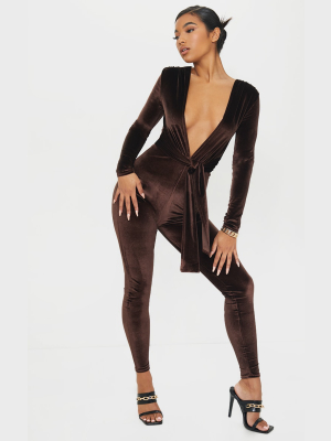 Chocolate Velvet Deep Plunge Tie Waist Jumpsuit