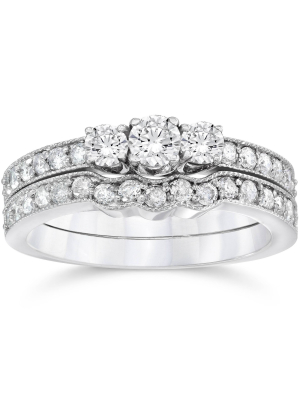 Pompeii3 3/4ct Three Stone Vintage Diamond Engagement Wedding Ring Set 10k White Gold