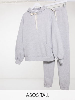 Asos Design Tall Tracksuit Oversized Hoodie With Contrast Ties / Oversized Sweatpants In Gray Marl