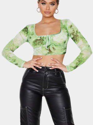 Lime Mesh Print Tie Front Long Sleeve Crop Top