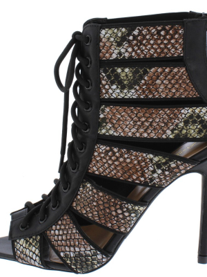 Exception37 Snake Pointed Peep Toe Multi Band Lace Up Heel