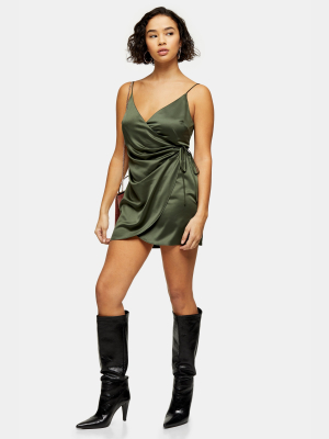 Petite Olive Satin Wrap Mini Dress