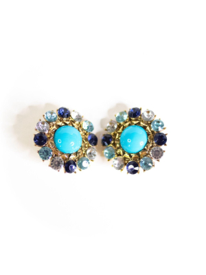 Turquoise Cabochon And Blue Rhinestone Statement Earrings