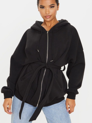 Black Oversized Belted Sweat Hoodie