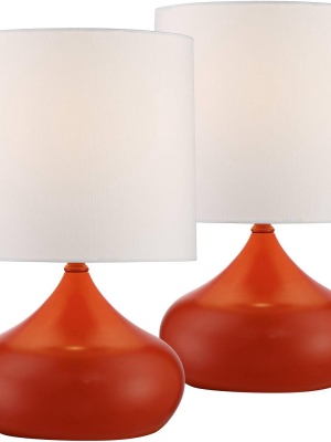 360 Lighting Mid Century Modern Accent Table Lamps 14 3/4" High Set Of 2 Orange Steel Droplet White Drum Shade For Bedroom Bedside