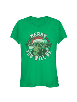 Junior's Star Wars Christmas Yoda Merry You Will Be T-shirt