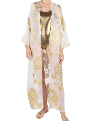 Long Metallic Oriental Flower Kimono