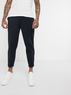 Asos Design Smart Tapered Sweatpants In Navy Scuba With Fixed Hem