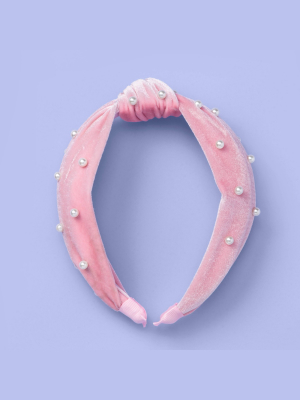 Girls' Velvet Top Knot Headband With Pearls - More Than Magic™ Pink