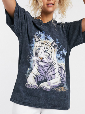 Vintage Supply Oversized T-shirt In Gray Wash With Tiger Graphic