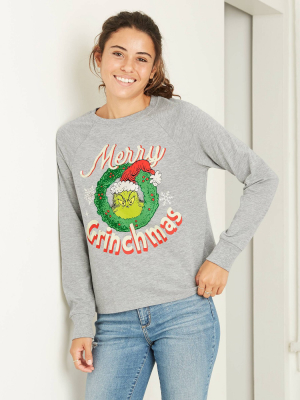 Women's The Grinch Merry Grinchmas Holiday Long Sleeve Graphic T-shirt - Gray