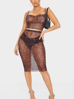 Brown Leopard Print Mesh Midi Skirt