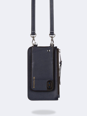 Classic Pebble Leather Zip Pouch - Navy/silver