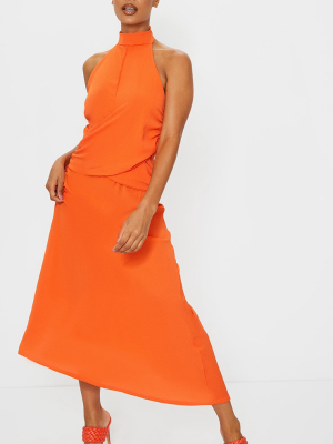 Tangerine Halterneck Wrap Front Maxi Dress