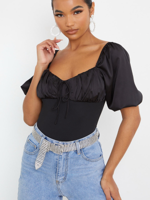 Black Satin Ruched Bust Short Puff Sleeve Bodysuit