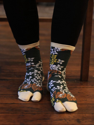 Tabi Socks, Green And Cream, Autumn Leaves And Flowers  (s/m)