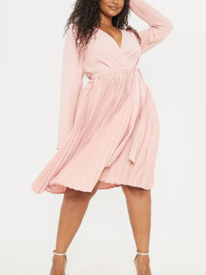 Plus Rose Long Sleeve Pleated Midi Dress