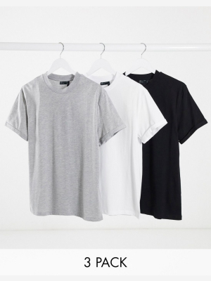 Asos Design 3 Pack T-shirt With Crew Neck And Roll Sleeve