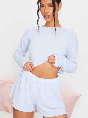 Baby Blue Soft Rib Drop Shoulder Top And Skater...