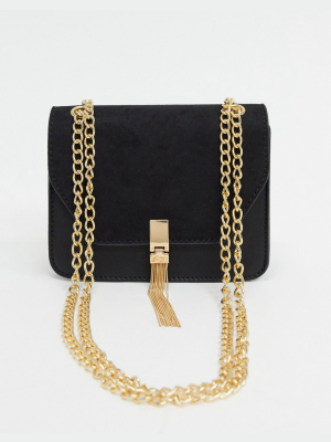 Asos Design Crossbody Bag With Suedette Flap And Tassel In Black