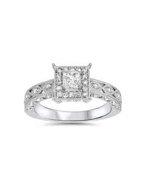 Pompeii3 1/2ct Princess Cut Vintage Halo Diamond Engagement Ring 14k White Gold