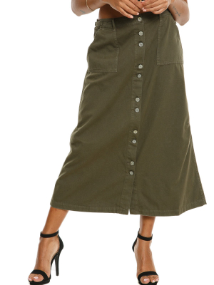 Button Down Long Skirt - Olive