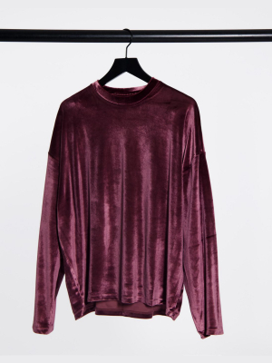 Asos Design Oversized Long Sleeve T-shirt In Burgundy Velour