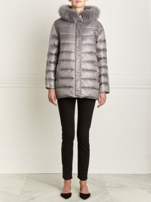 The Vail Rabbit Lined Puffer Fur Jacket With Fox Hood Trim In Grey