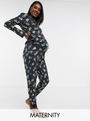 Chelsea Peers Maternity Eco Poly Foil Tiger Long Pajama Set In Navy