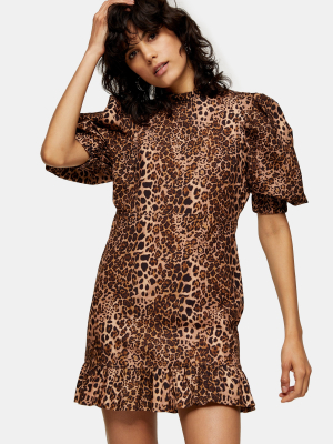 Leopard Print Puff Sleeve Mini Dress