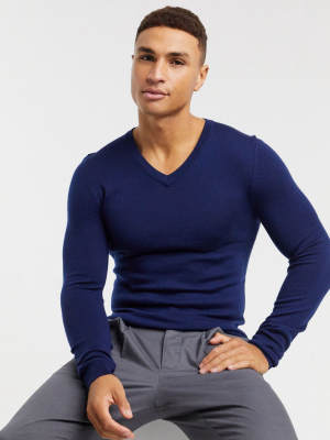 Asos Design Muscle Fit Merino Wool V-neck Sweater In Navy