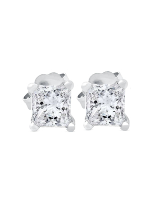 Pompeii3 1ct Princess Cut Real Diamond Studs 14k White Gold